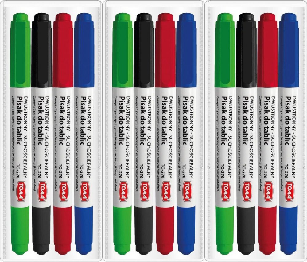 3x Marker suchościeralny Toma 270, dwustronny, okrągła, 0.8/1.5 mm, 4 sztuki, mix kolorów