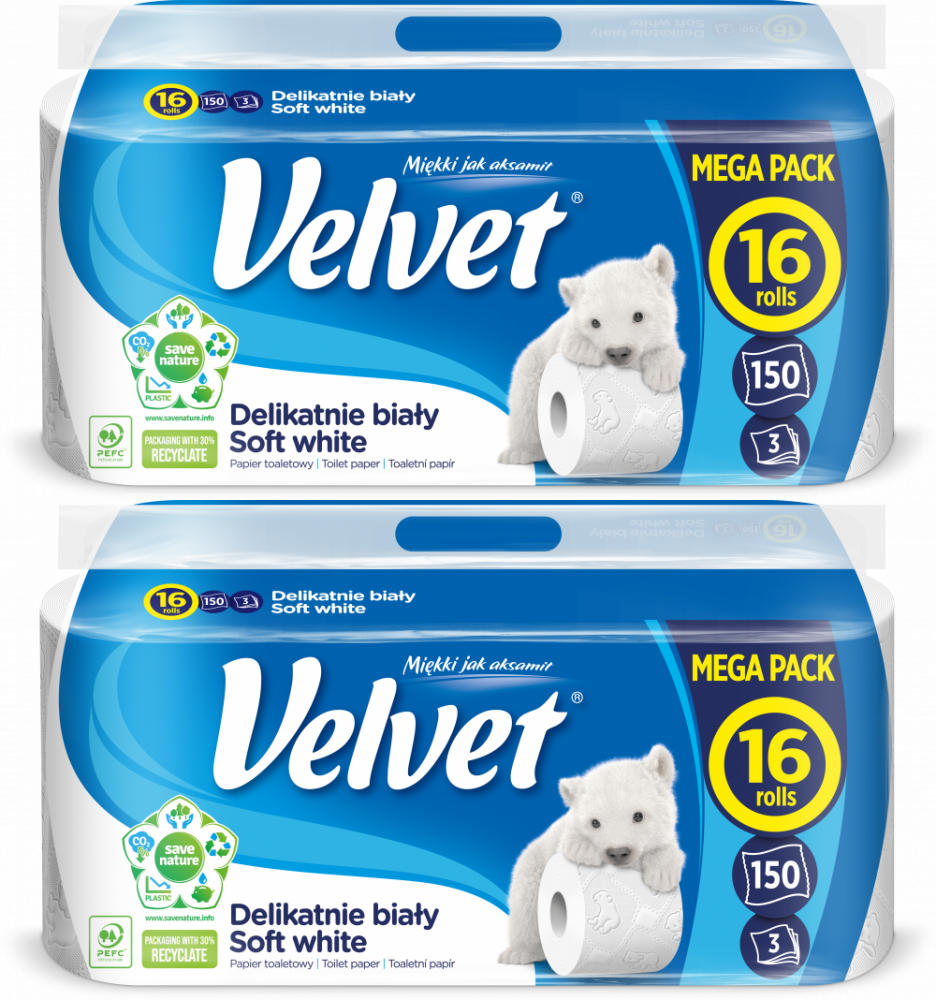 2x Papier toaletowy Velvet, 3-warstwowy, 16 rolek, delikatnie biały