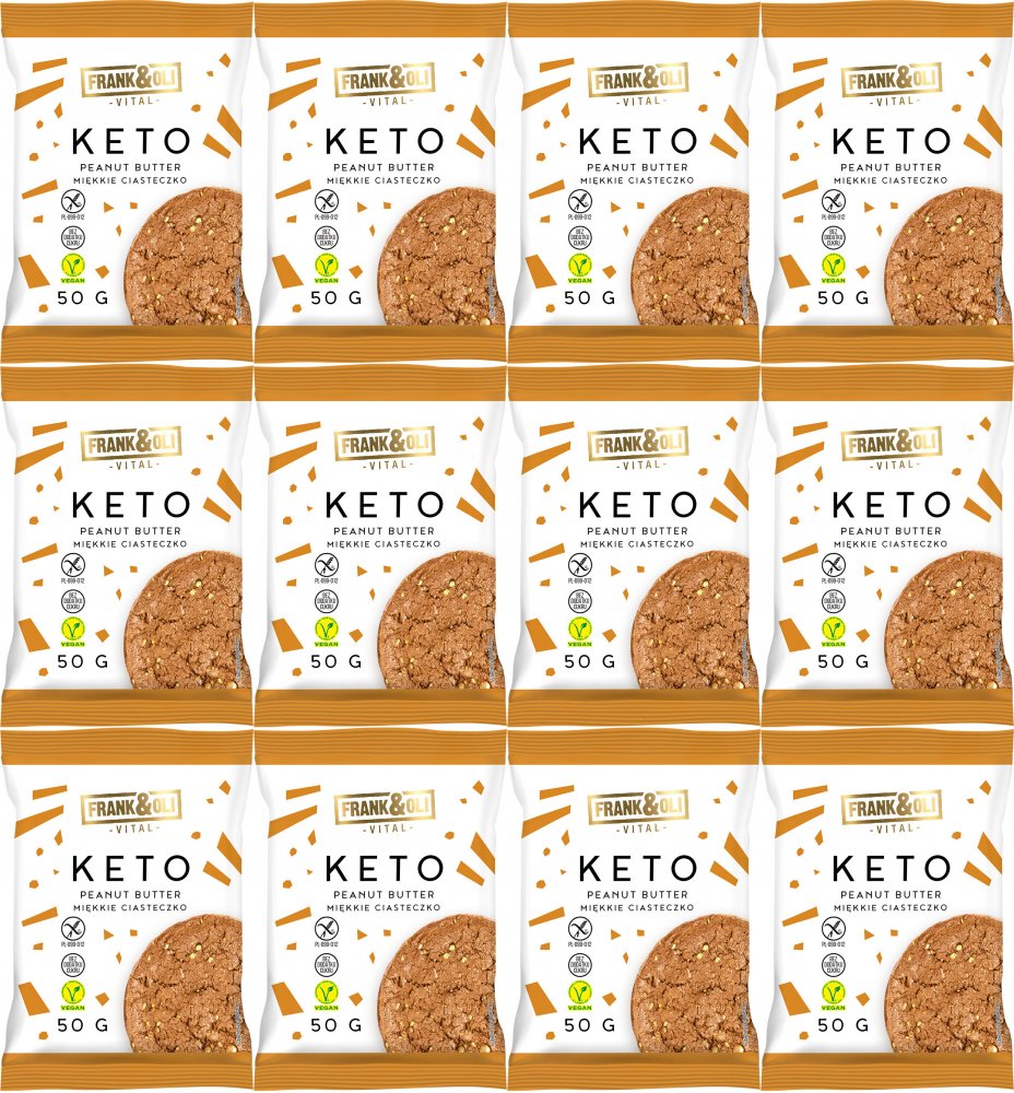 12x Miękkie ciasteczko Keto Frank&Oli, masło orzechowe + chia, bez cukru, 50g