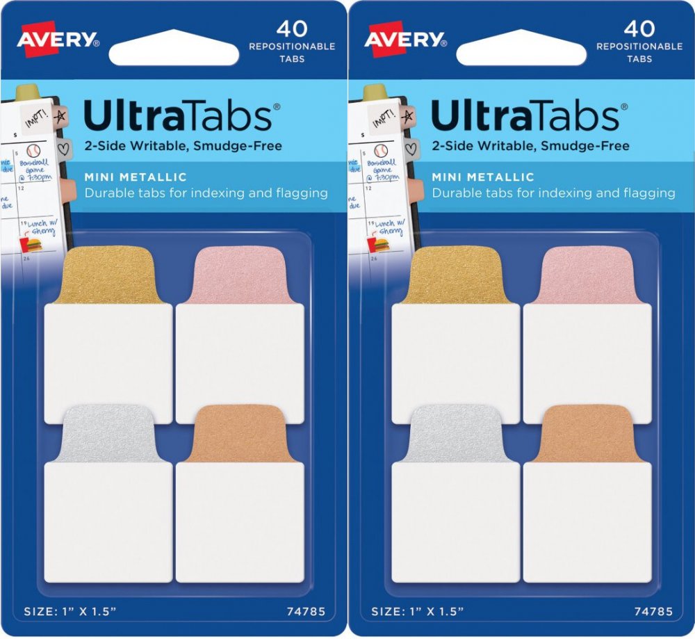 2x Zakładki samoprzylepne Avery Zweckform Ultra Tabs 74785, indeksujące, folia, 25.4x38.1mm, 40 sztuk, mix kolorów metalicznych
