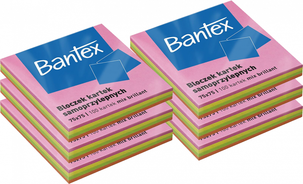 6x Karteczki samoprzylepne Bantex, 75x75mm, 100 karteczek, mix kolorów