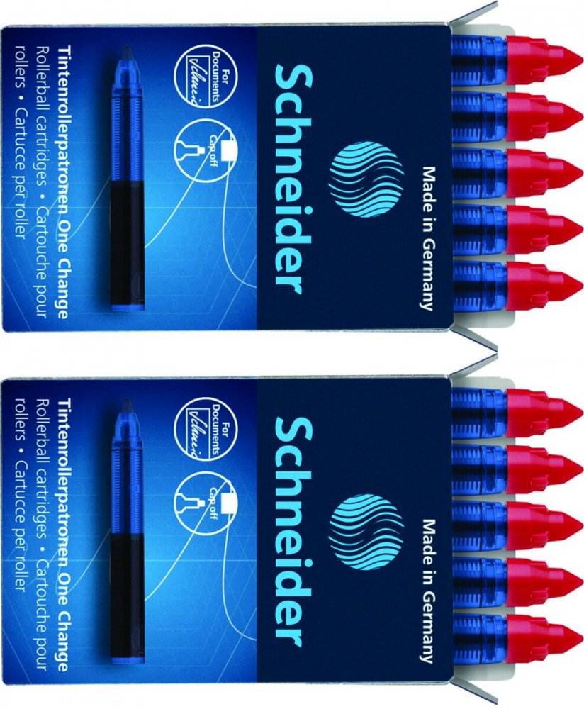 2x Kartridże Schneider One Change, do piór kulkowych, 0.6mm, 5 sztuk, czerwony