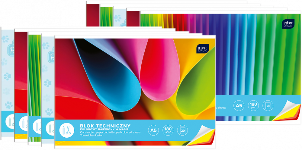 10x Blok techniczny kolorowy Interdruk, A5, 20 kartek, mix kolorów