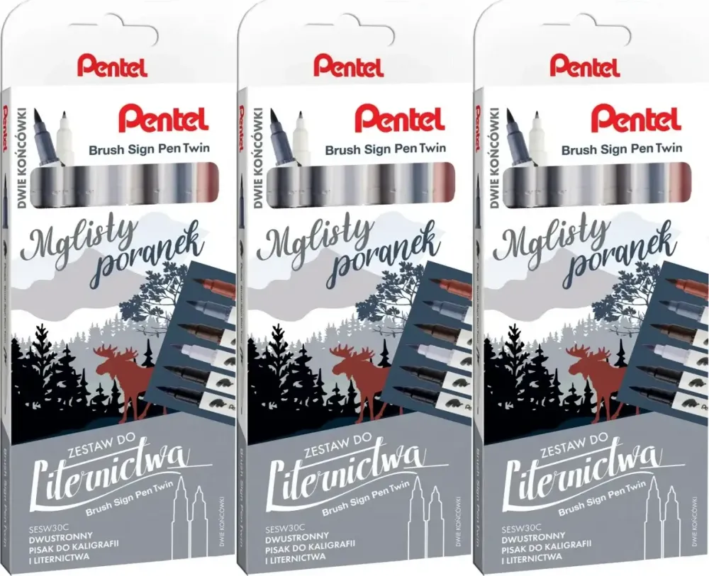 3x Pisaki do kaligrafii i liternictwa Pentel Brush Sign Pen Twin SESW30C Mglisty Poranek, dwustronne, 6 sztuk, mix kolorów