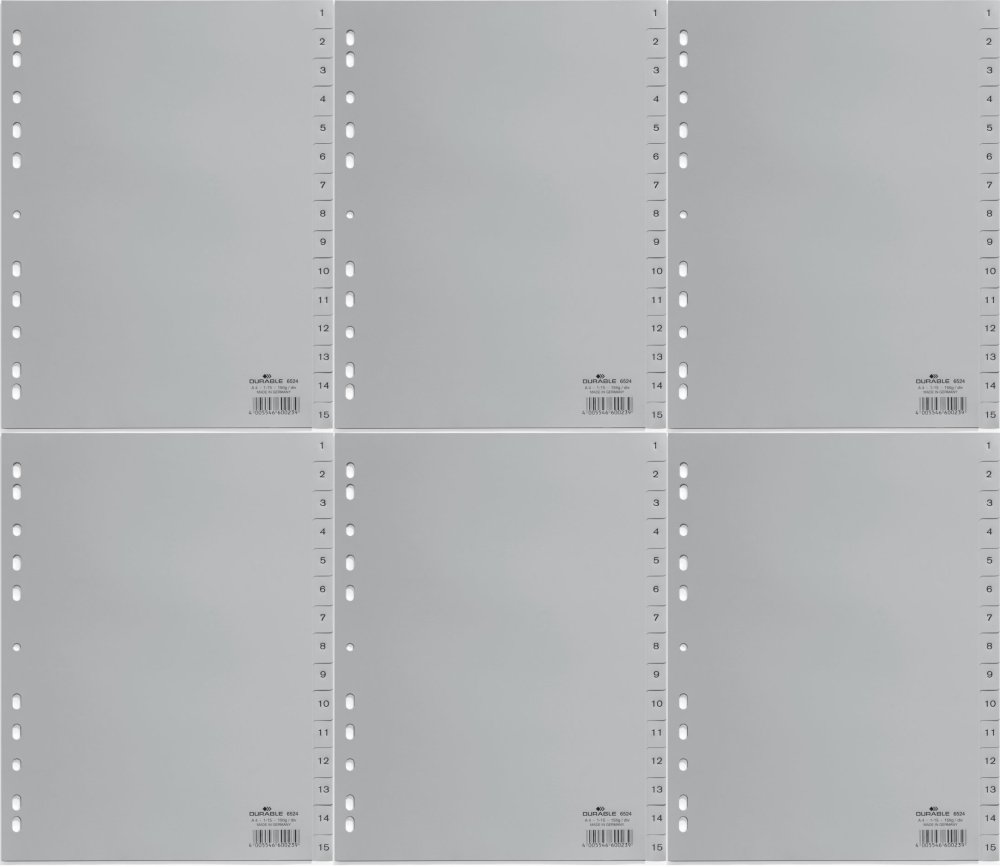6x Przekładki do segregatora Durable, plastikowe, numeryczne, A4, 1-15 kart, szary