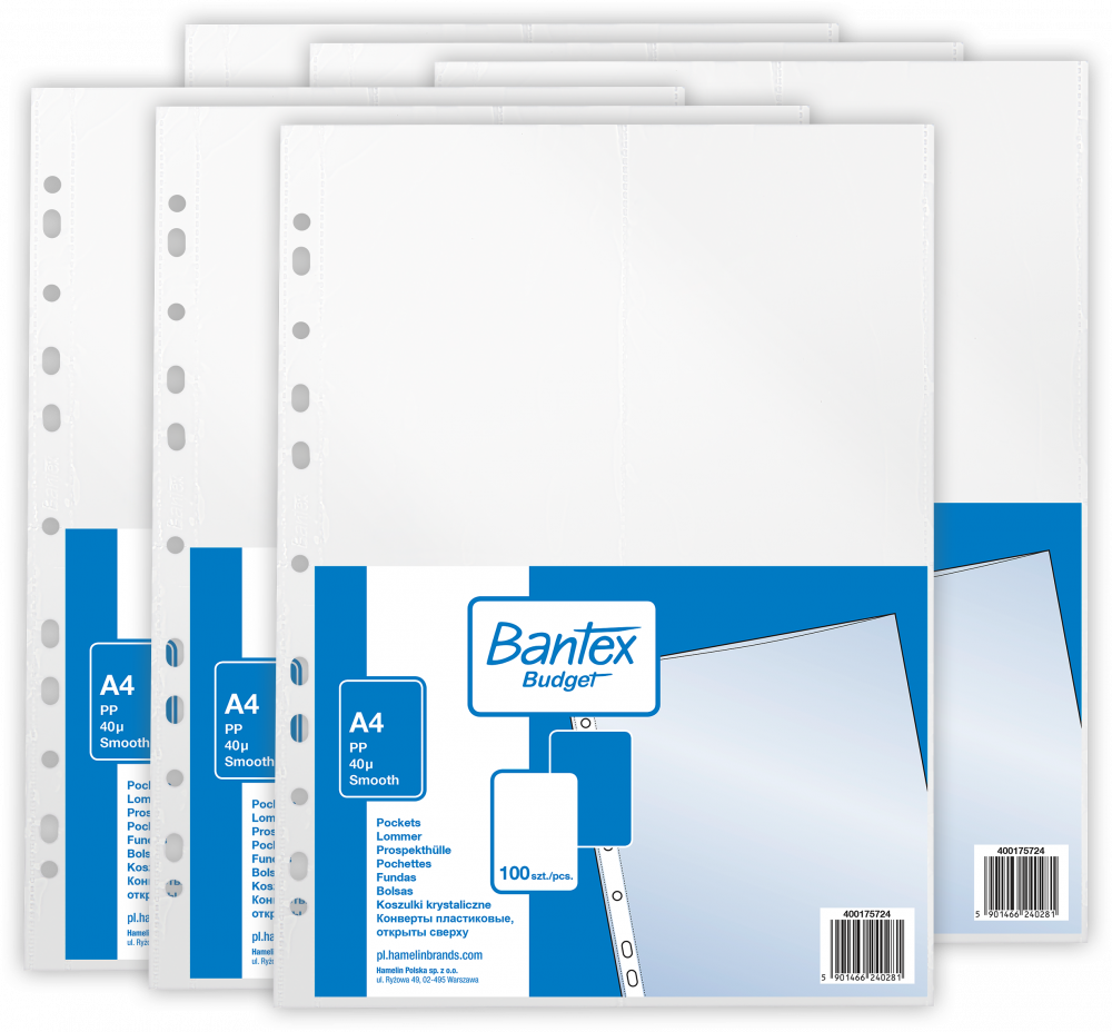 6x Koszulki krystaliczne Bantex Budget, A4, 40μm, 100 sztuk, transparentny