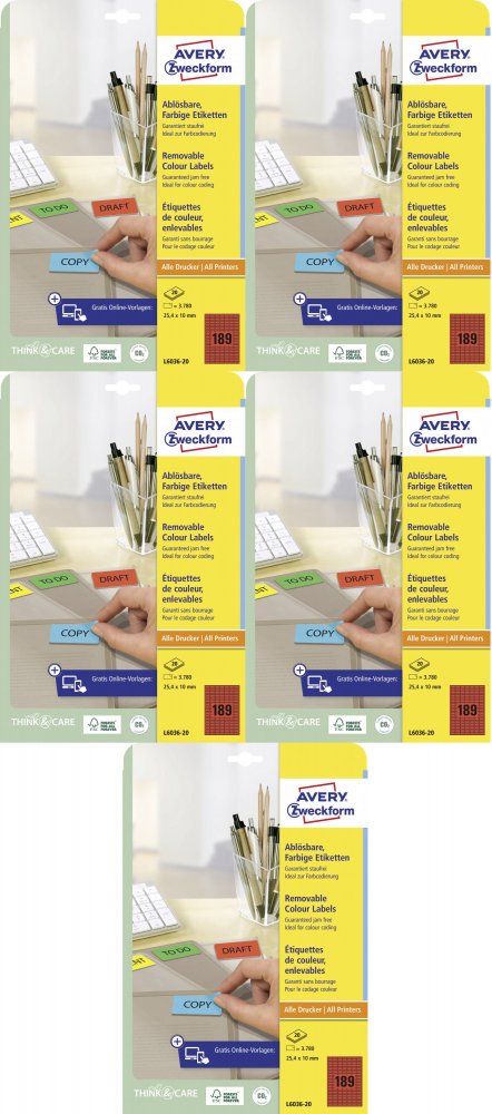 5x Etykiety usuwalne Avery Zweckform, 25.4x10mm, 20 arkuszy, czerwony