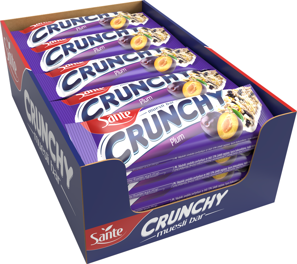 Baton Sante Crunchy, śliwkowy w polewie waniliowej, 40g, 25 sztuk