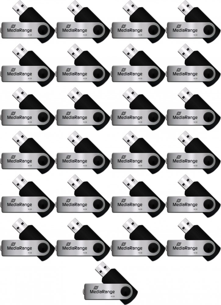 25x Pendrive MediaRange, 16GB, obracany, USB 2.0, srebrno-czarny