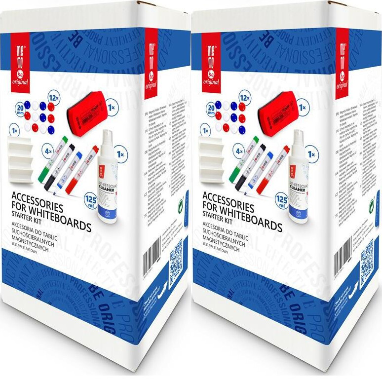 2x Zestaw startowy do tablic MemoBe, płyn 125ml, 4 markery, gąbka magnetyczna, uchwyt na markery, 12 magnesów