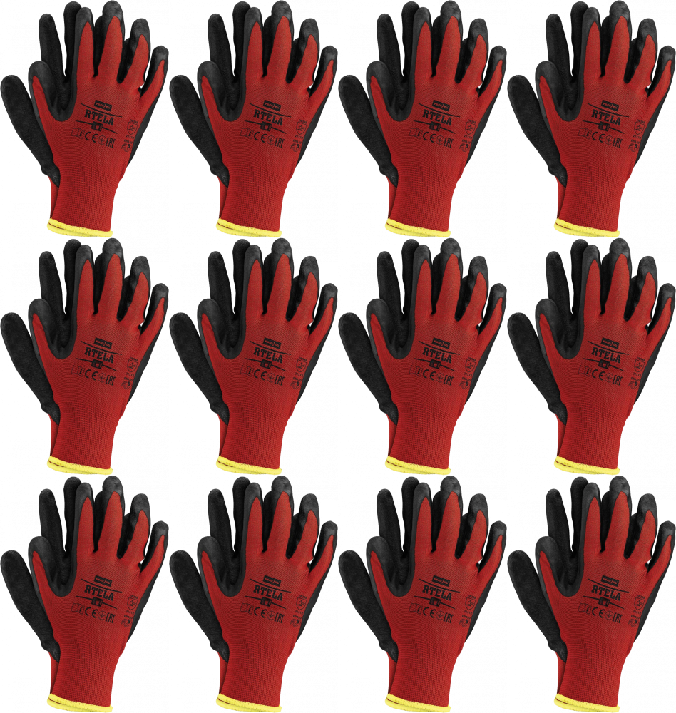 12x Rękawice robocze Reis Rtela, powlekane, rozmiar 11, czerwono-czarny
