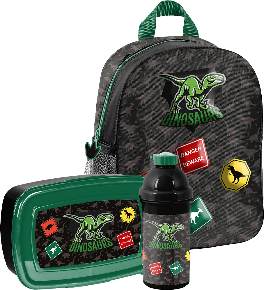 Zestaw: Plecak dla przedszkolaka + bidon na wodę + lunchbox Paso Dinosaur