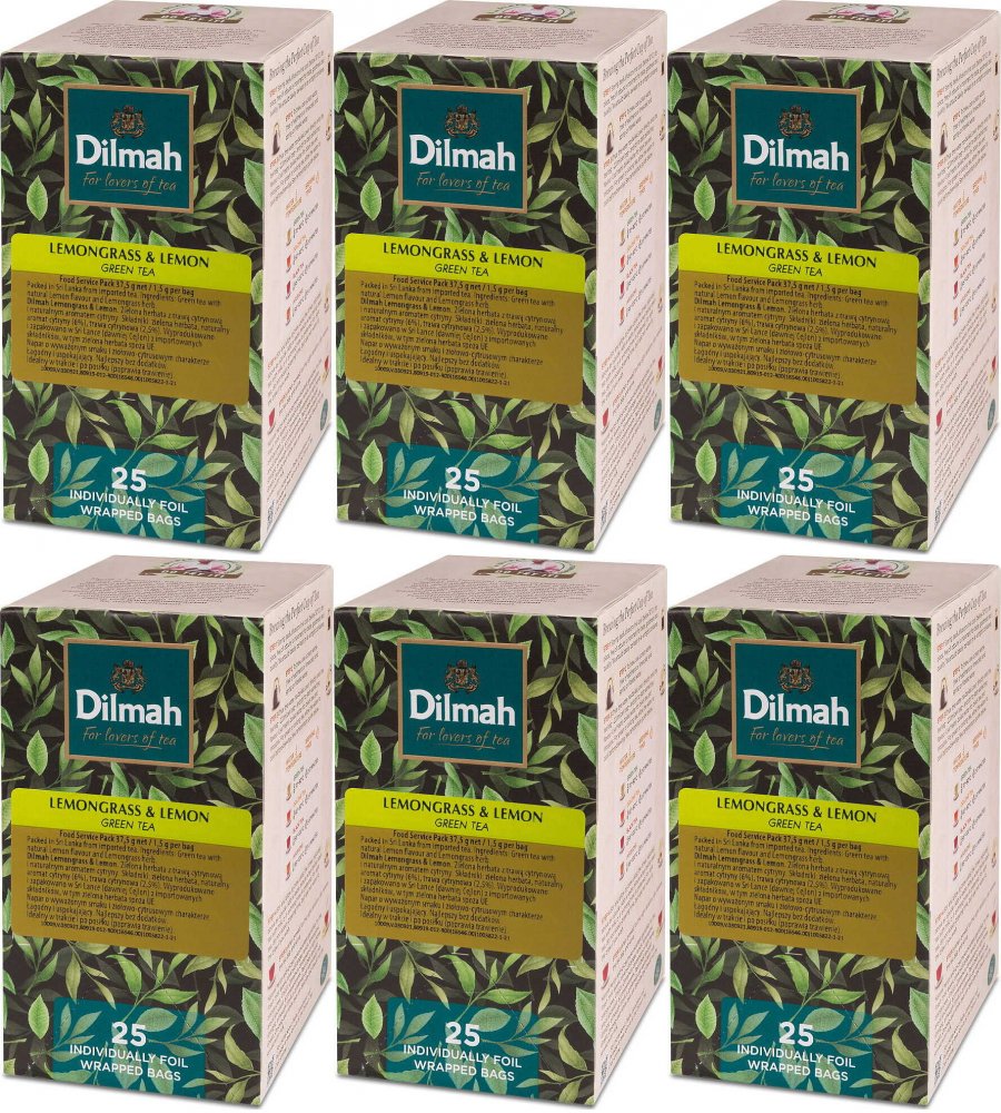6x Herbata zielona smakowa w kopertach Dilmah Lemongrass & lemon, trawa cytrynowa i cytryna, 25 sztuk x 1.5g