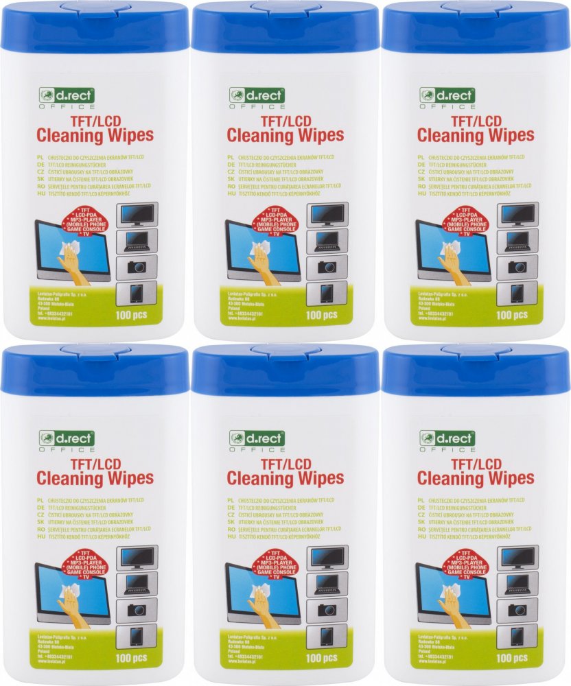 6x Chusteczki nawilżone do czyszczenia ekranów TFT/LCD D.Rect, tuba, 100 sztuk