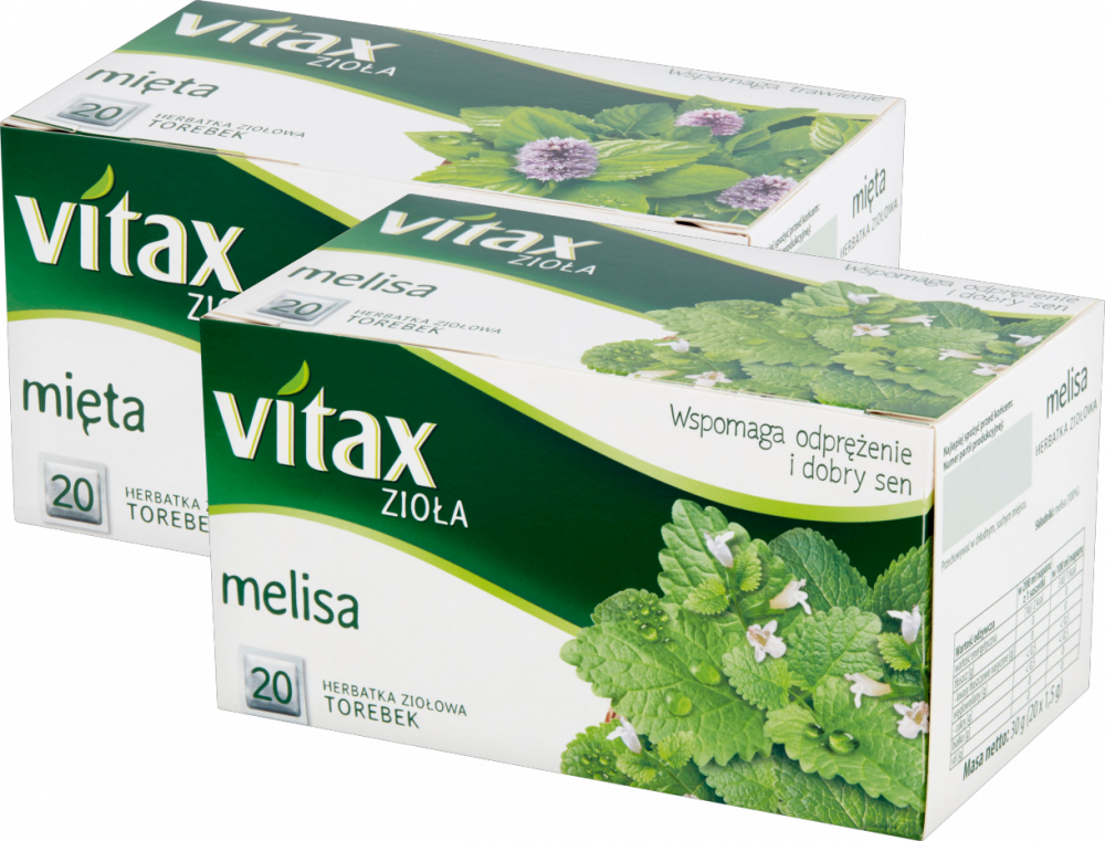 Zestaw herbat ziołowych: Vitax Zioła, mięta, 20 sztuk x 1.5g + Vitax Zioła, melisa, 20 sztuk x 1.5g
