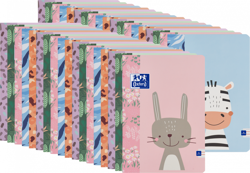 40x Zeszyt w wąskie kolorowe linie Oxford Kids, A5, miękka oprawa, 16 kartek, mix wzorów