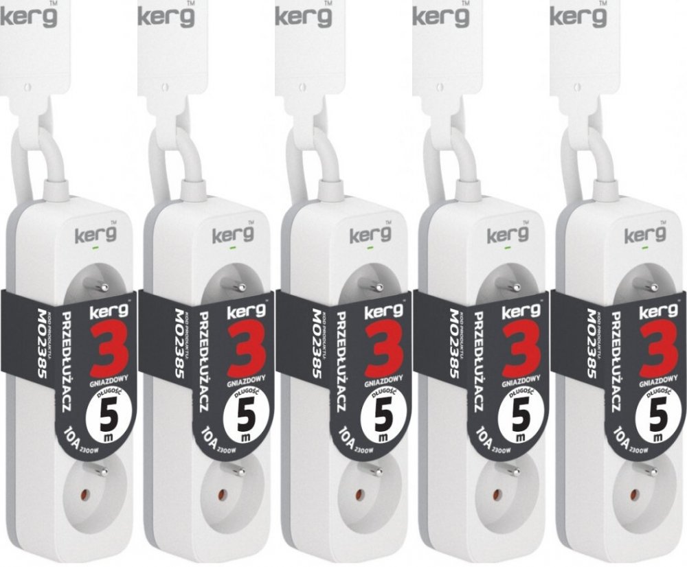 5x Przedłużacz Kerg, 5m, 3 gniazda, biało-szary