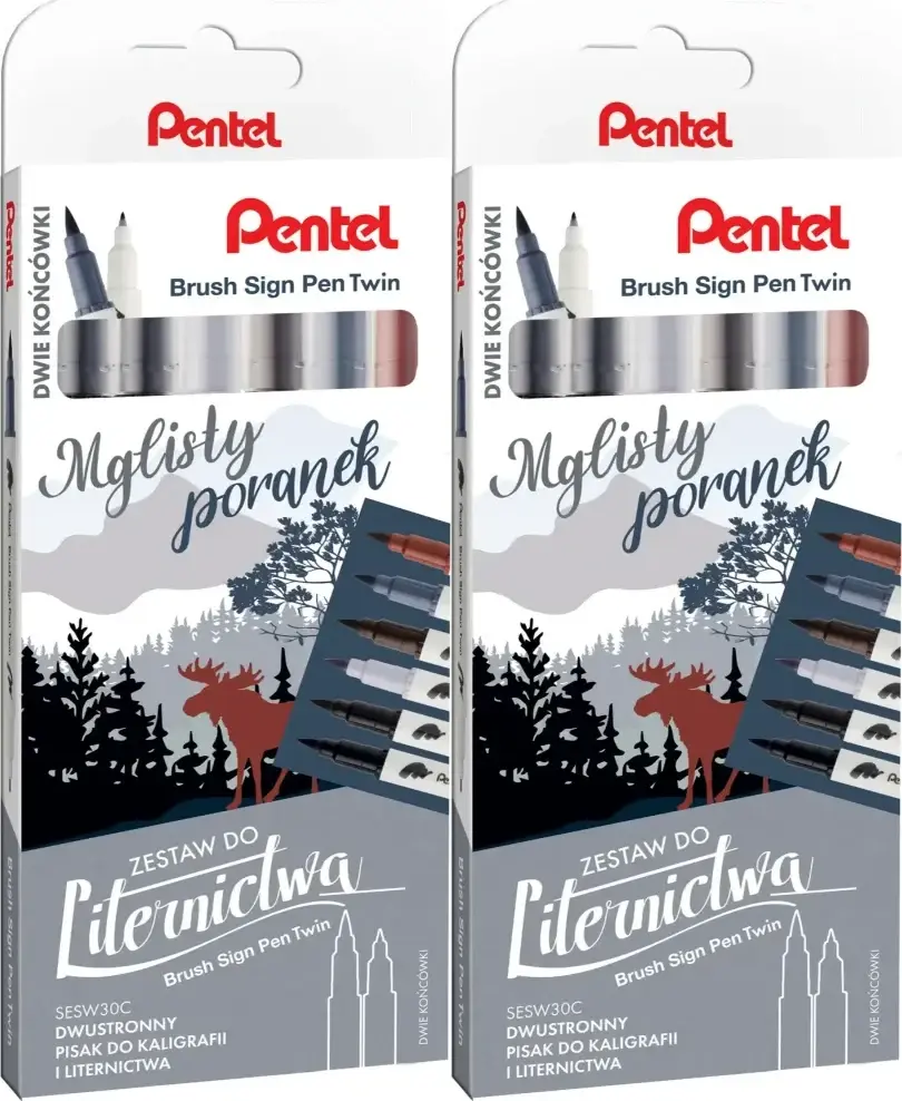 2x Pisaki do kaligrafii i liternictwa Pentel Brush Sign Pen Twin SESW30C Mglisty Poranek, dwustronne, 6 sztuk, mix kolorów