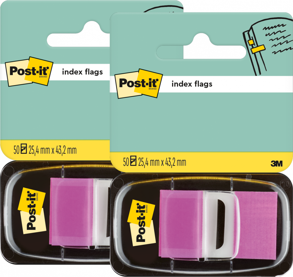 2x Zakładki samoprzylepne Post-it proste, indeksujące, folia, półtransparentne, 25x43mm, 1x50 sztuk, purpurowy