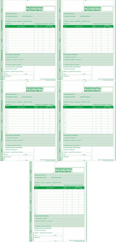 5x Druk akcydensowy przepustka materiałowa MiP 322-3, A5, 80 kartek