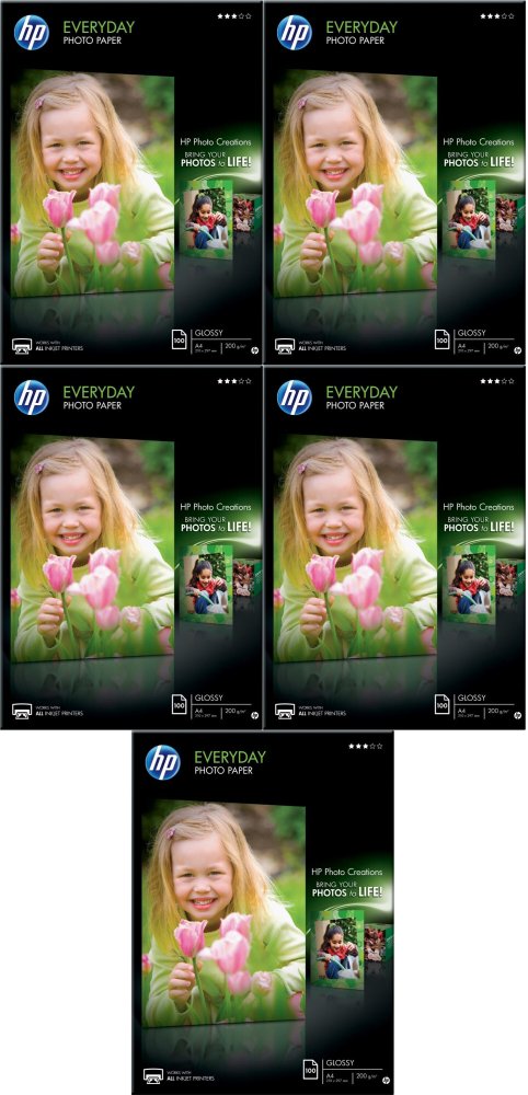 5x Papier fotograficzny HP Everyday Photo Q2510A, A4, 200g/m2, 100 arkuszy, błyszczący