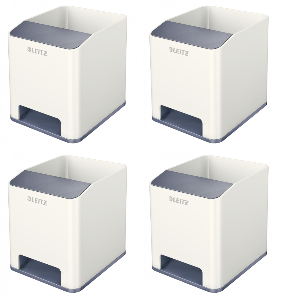 4x Kubek na długopisy Leitz Wow, ze wzmacniaczem dźwięku, 90x100x101mm, dwukolorowy, biało-szary
