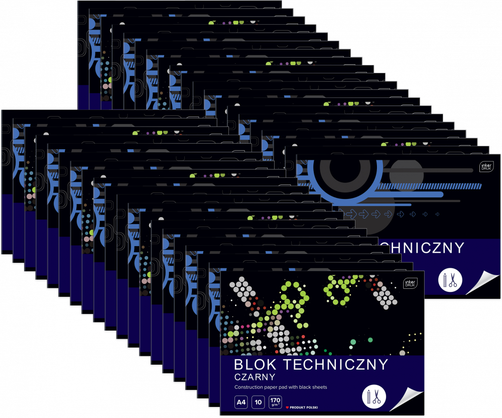 100x Blok techniczny Interdruk, A4, 10 kartek, czarny, mix wzorów