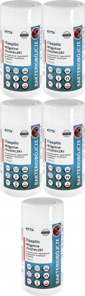 5x Chusteczki czyszcząco-dezynfekujące Itseptic, do powierzchni i sprzętu, 13.5x15 cm, 100 sztuk