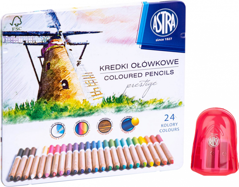 Zestaw: Kredki ołówkowe Astra Prestige, z drewna cedrowego, w metalowym pudełku, 24 sztuki, mix kolorów + Temperówka Astra Orion, 2 otwory, mix 