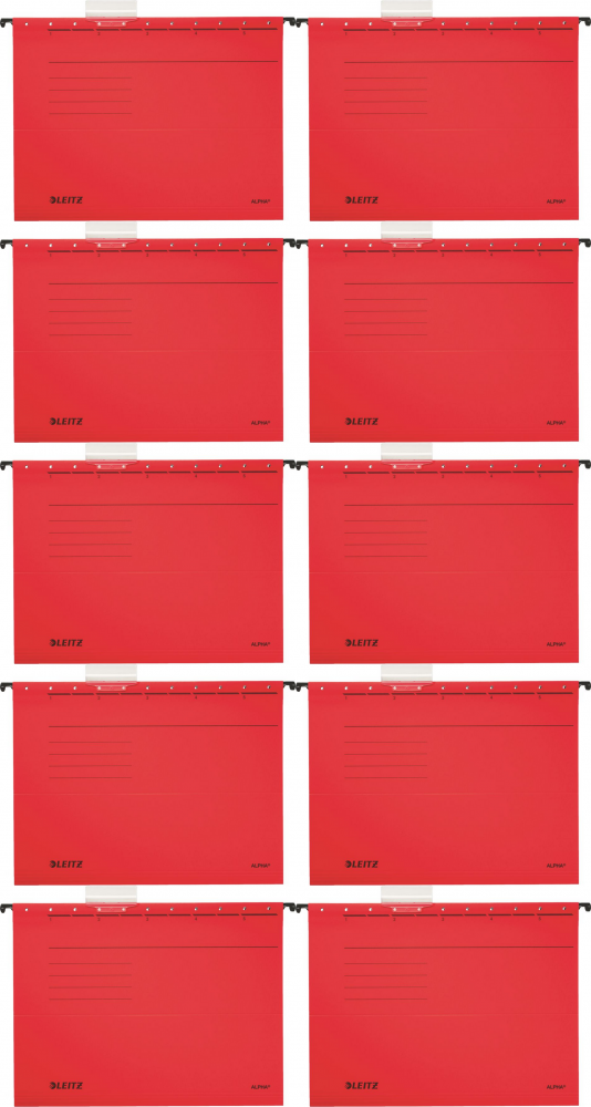10x Teczka zawieszkowa kartonowa Leitz Alpha, A4, 348x260mm, 230g/m2, czerwony