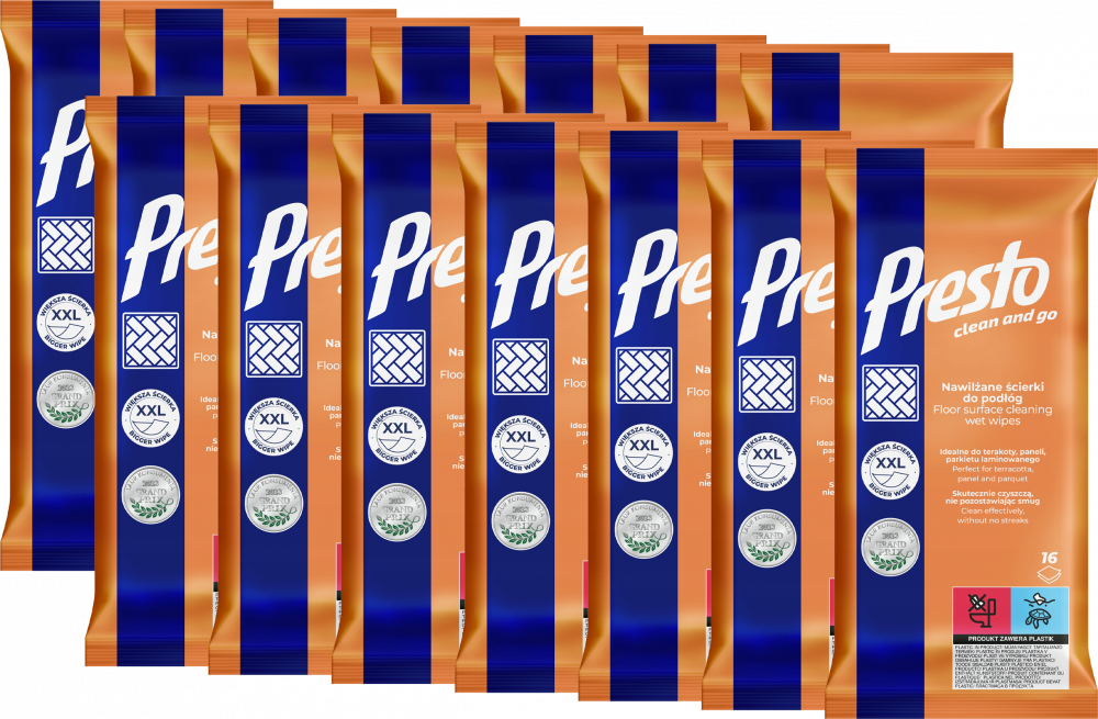 14x Chusteczki do czyszczenia podłóg Presto, nawilżone, 16 sztuk