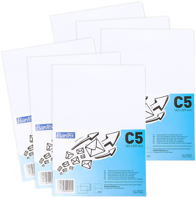 6x Koperta standardowa Bantex, C5, z paskiem HK, 25 sztuk, biały