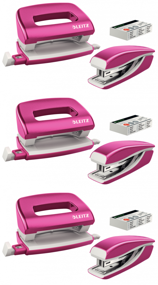 3x Zestaw zszywacz i dziurkacz Leitz Mini NeXXt Wow, metalowy, różowy