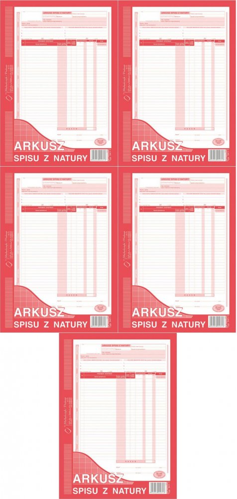 5x Druk akcydensowy Arkusz spisu z natury MiP 341-1, A4, 1 kopia, 48k