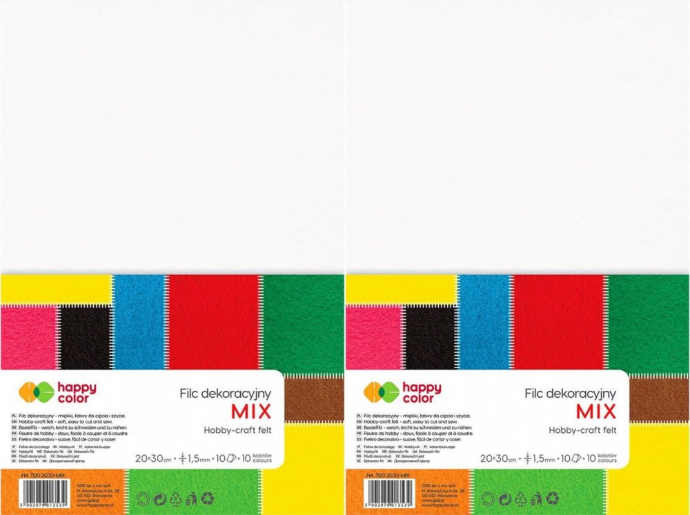 2x Filc dekoracyjny Happy Color Mix, 20x30 cm, 1.5 mm, 10 arkuszy, 10 kolorów