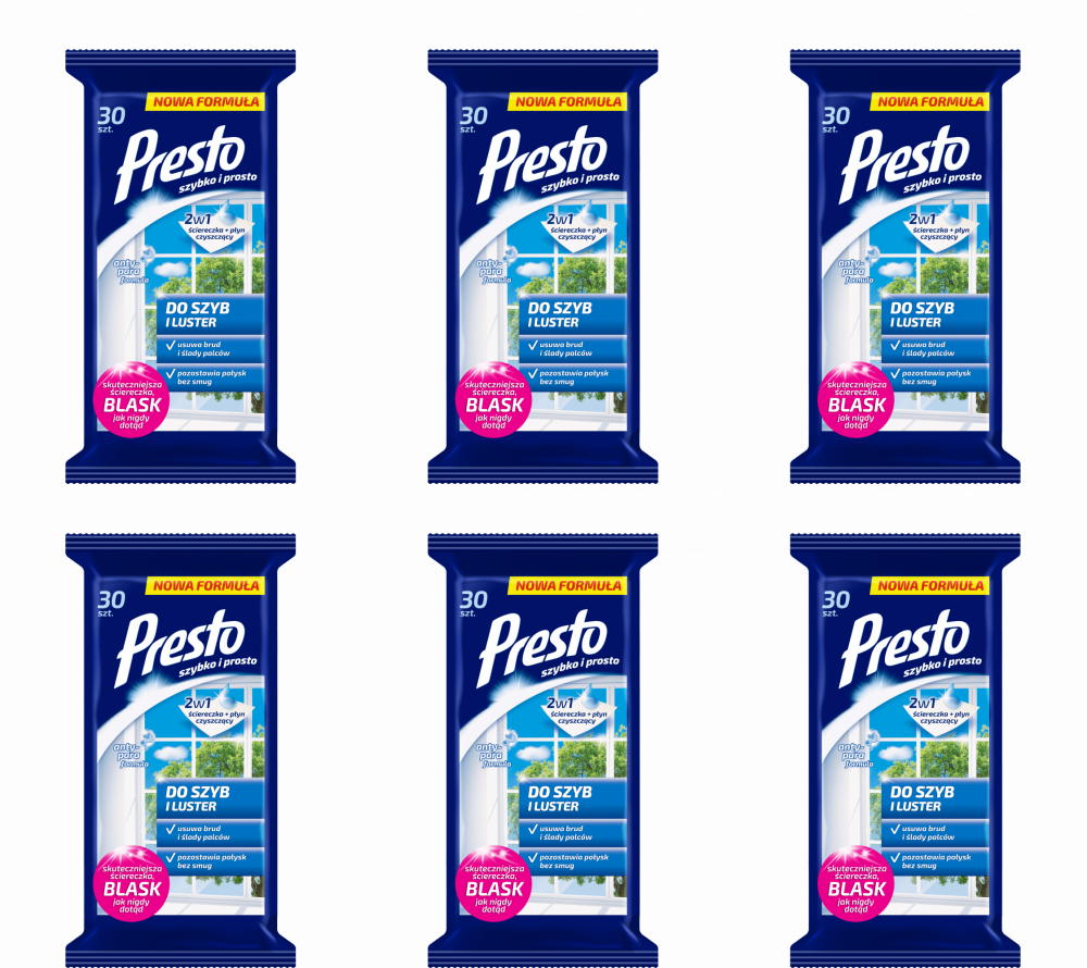 6x Chusteczki do czyszczenia szyb i luster Presto, nawilżone, 30 sztuk