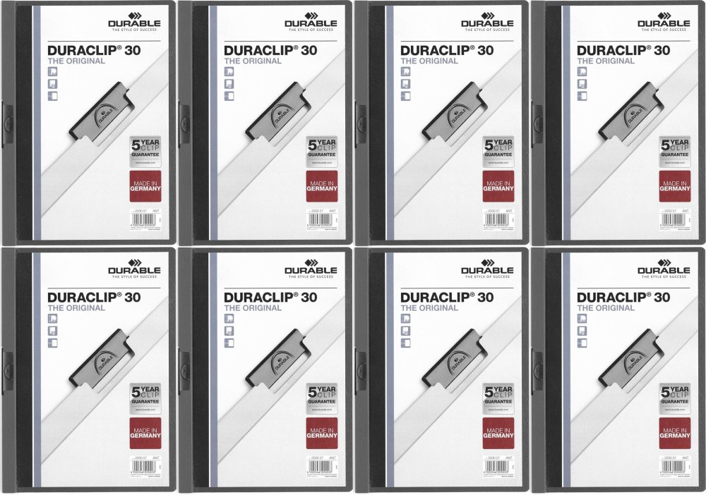 8x Skoroszyt plastikowy z klipsem Durable Duraclip, A4, do 30 kartek, grafitowy