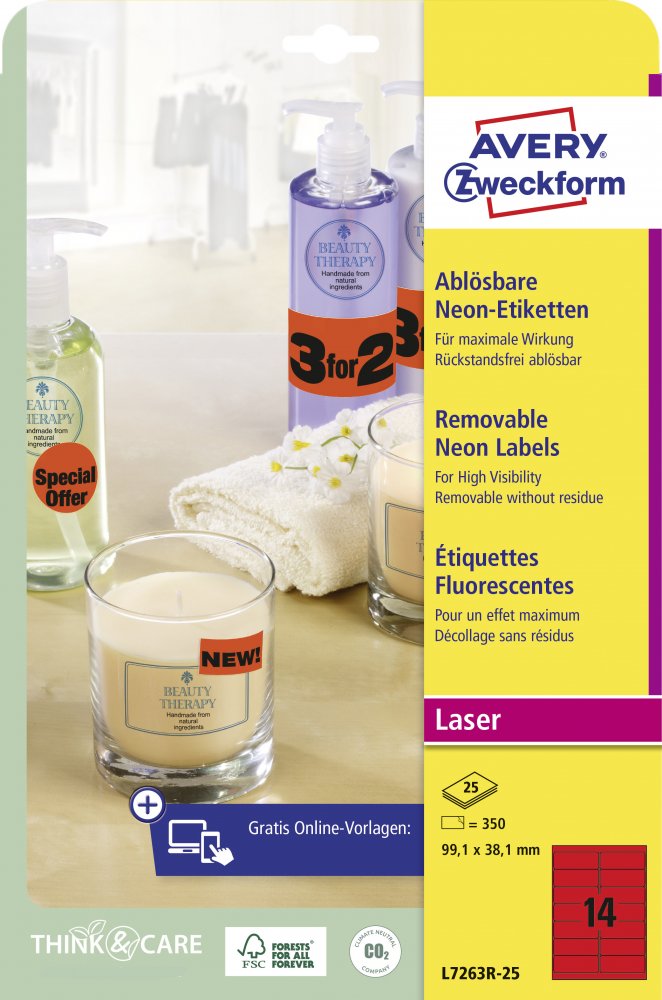 Etykiety neonowe Avery Zweckform, usuwalne, 99.1x38.1mm, 25 arkuszy, czerwony