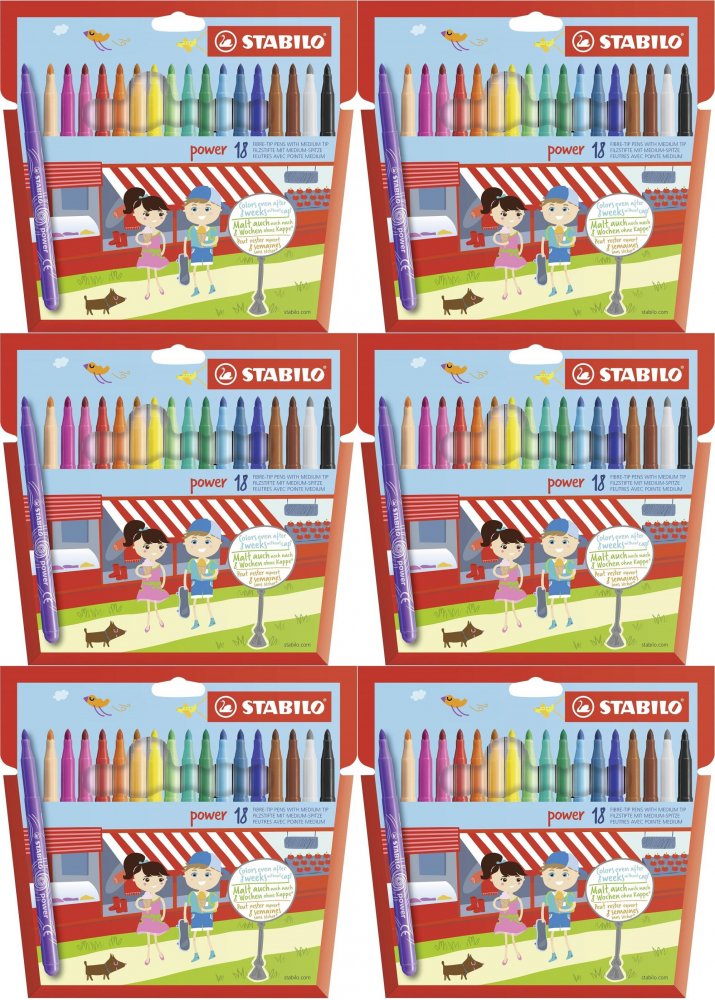 6x Flamaster Stabilo Power, końcówka M, 18 sztuk, mix kolorów