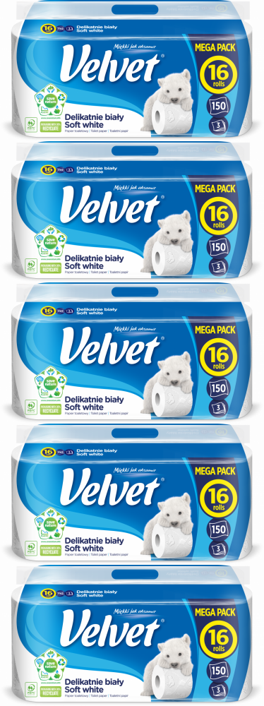 5x Papier toaletowy Velvet, 3-warstwowy, 16 rolek, delikatnie biały