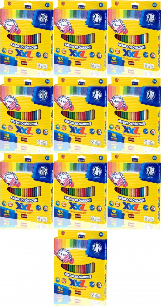 10x Kredki ołówkowe Astra, heksagonalne, gruby grafit, 48 kolorów + temperówka