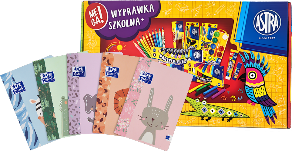 Zestaw: Wyprawka szkolna dla klas 1-3 Astra Pixel One (L), 21 elementów + 5x Zeszyt w kratkę Oxford Kids, A4, miękka oprawa, 32 kartki, mix wzorów
