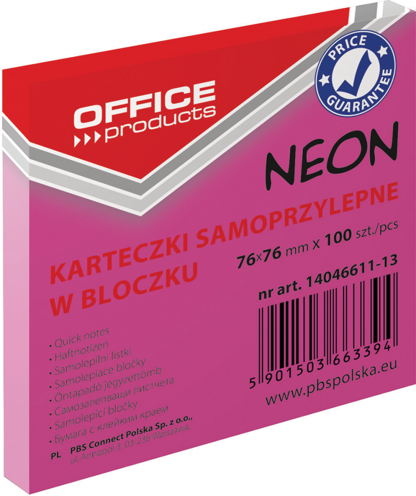 Karteczki samoprzylepne Office Products, 76x76mm, 100 karteczek, neonowy różowy