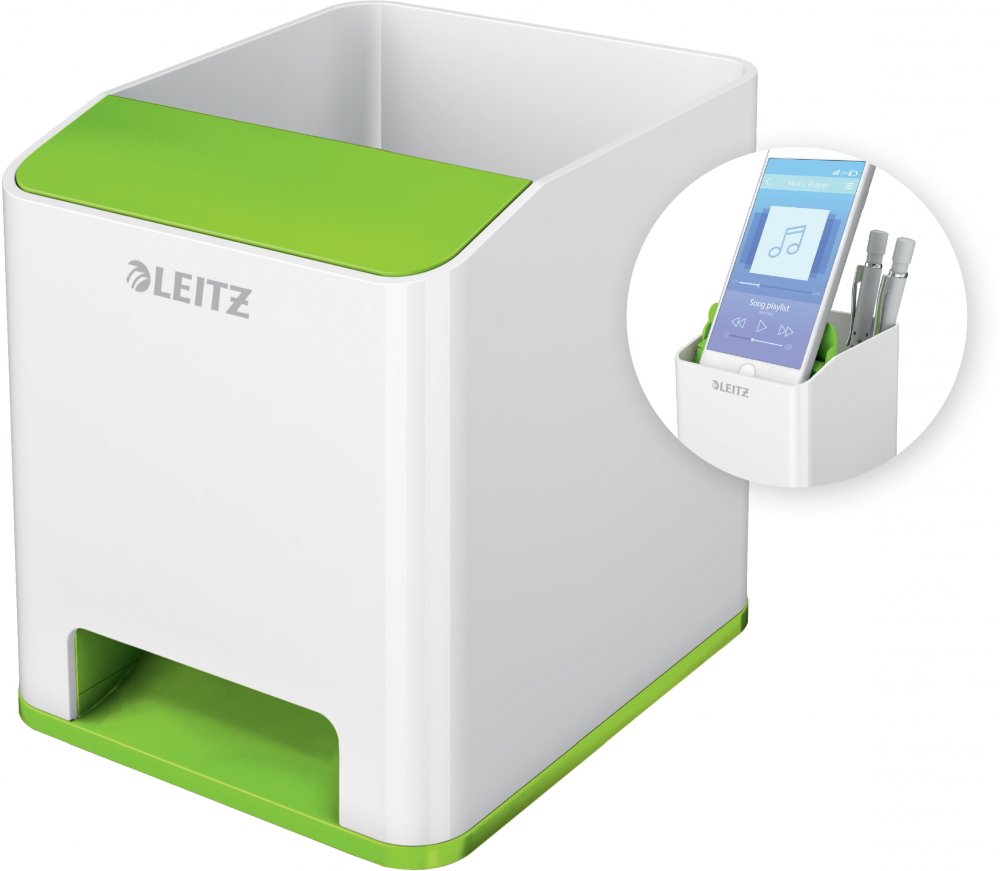 Kubek na długopisy Leitz Wow, ze wzmacniaczem dźwięku, 90x100x101mm, dwukolorowy, biało-zielony