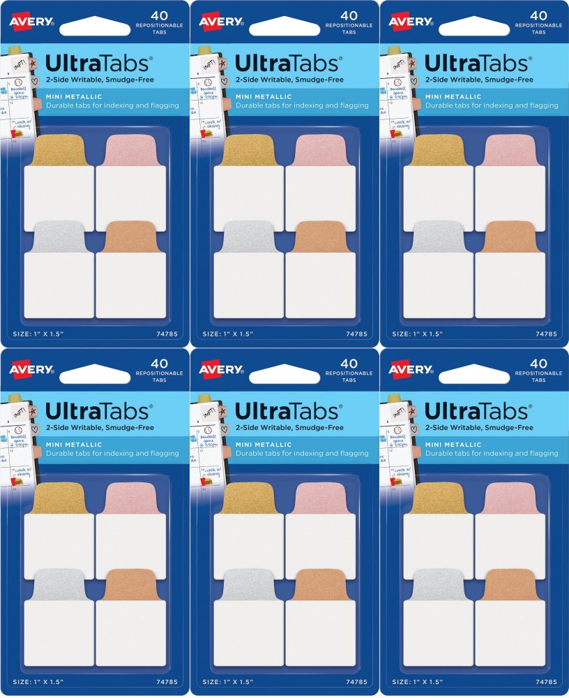 6x Zakładki samoprzylepne Avery Zweckform Ultra Tabs 74785, indeksujące, folia, 25.4x38.1mm, 40 sztuk, mix kolorów metalicznych
