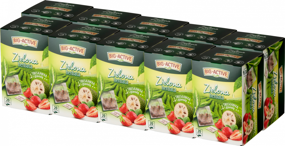 10x Herbata zielona smakowa w kopertach Big-Active, truskawka i graviola, 20 sztuk x 1.5g