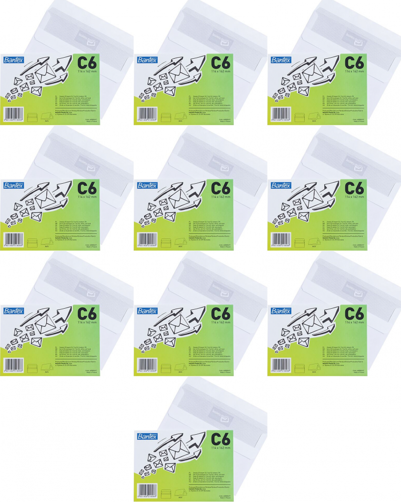 10x Koperta standardowa Bantex, C6, samoklejąca SK, 25 sztuk, biały