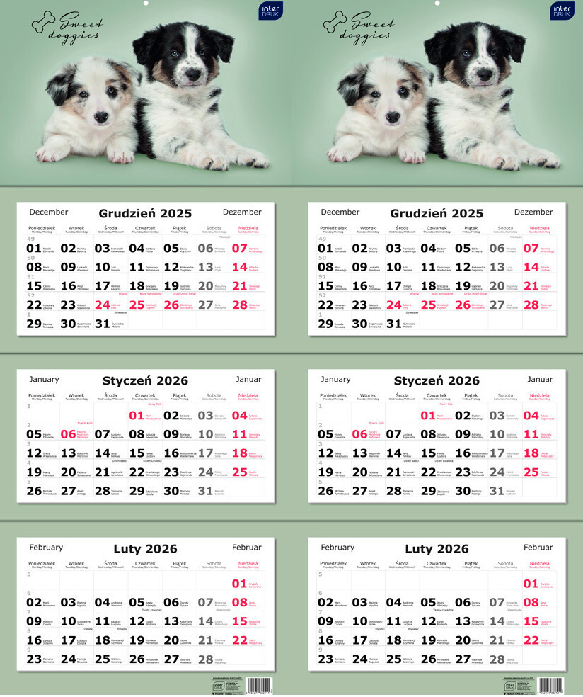 2x Kalendarz ścienny 2026, Interdruk, trójdzielny, 34x82.5cm, Psy