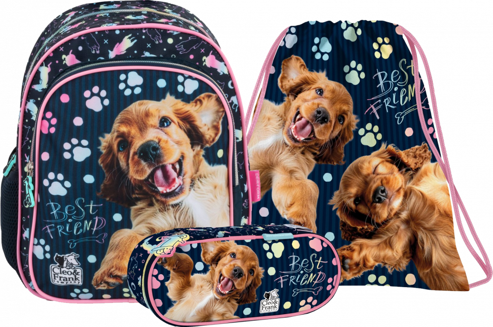 Zestaw: Plecak szkolny + piórnik + worek na buty Derform Cleo&Frank 44 (Pies)