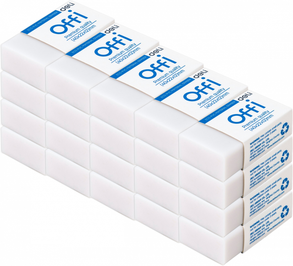 20x Gumka ołówkowa Deli Offi, 40x22x12 mm, biały